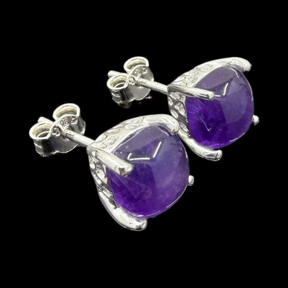 Natural Purple Amethyst Cabochon Stud Earrings 925 Sterling Silver Handmade - Picture 3 of 5